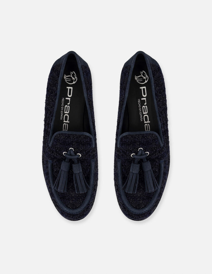 Mocasines azules para mujer con borlas y tweed