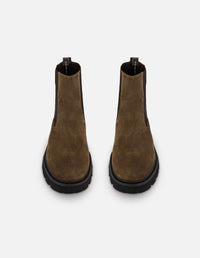 Botines Chelsea verdes de ante para hombre con elásticos en contraste