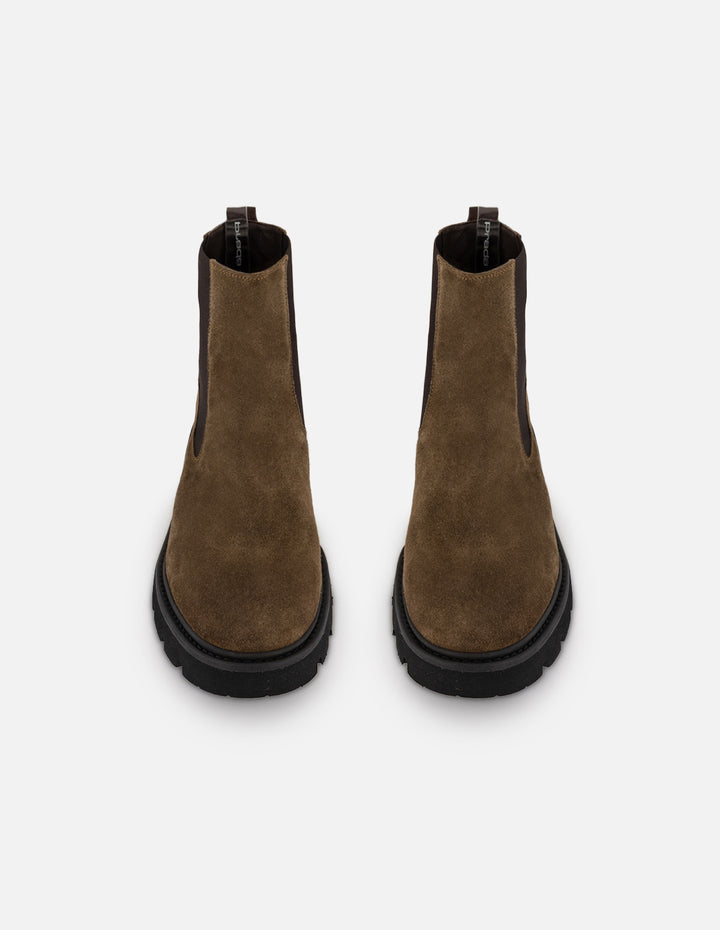 Botines Chelsea verdes de ante para hombre con elásticos en contraste