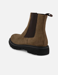 Botines Chelsea verdes de ante para hombre con elásticos en contraste