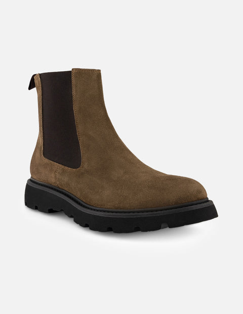 Botines Chelsea verdes de ante para hombre con elásticos en contraste