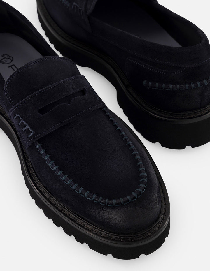 Mocasines azul ante para hombre con bordón