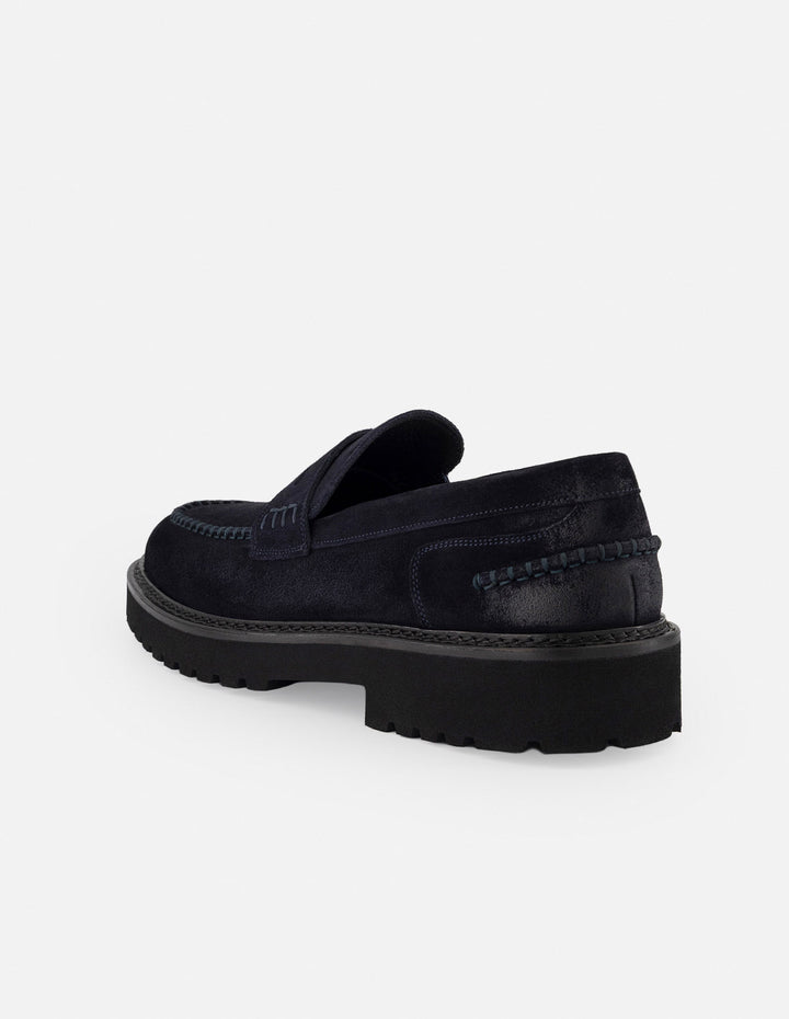 Mocasines azul ante para hombre con bordón