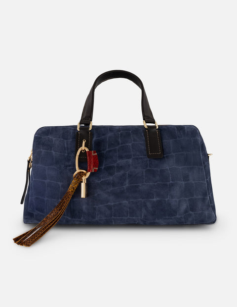 Bolso Bowling azul ante grabado tipo coco para mujer con colgante