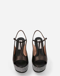 Sandalia tira T en piel y rafia color negro