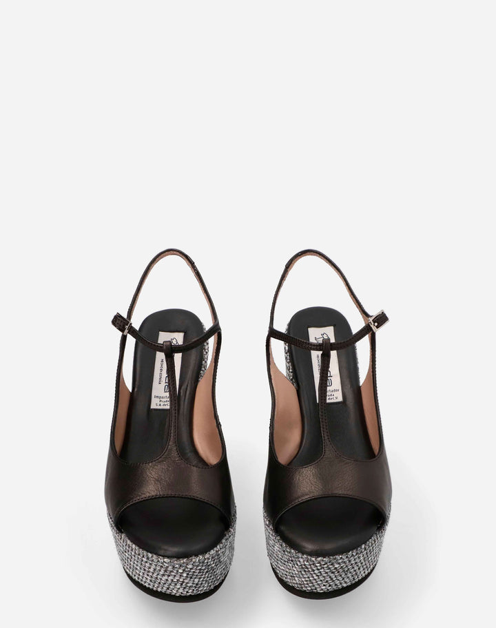 Sandalia tira T en piel y rafia color negro