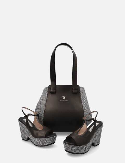 Sandalia tira T en piel y rafia color negro