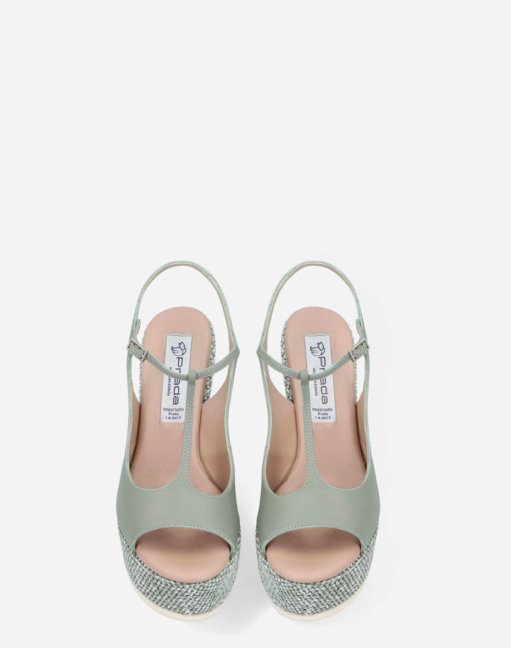 Sandalia tira T en piel y rafia color verde