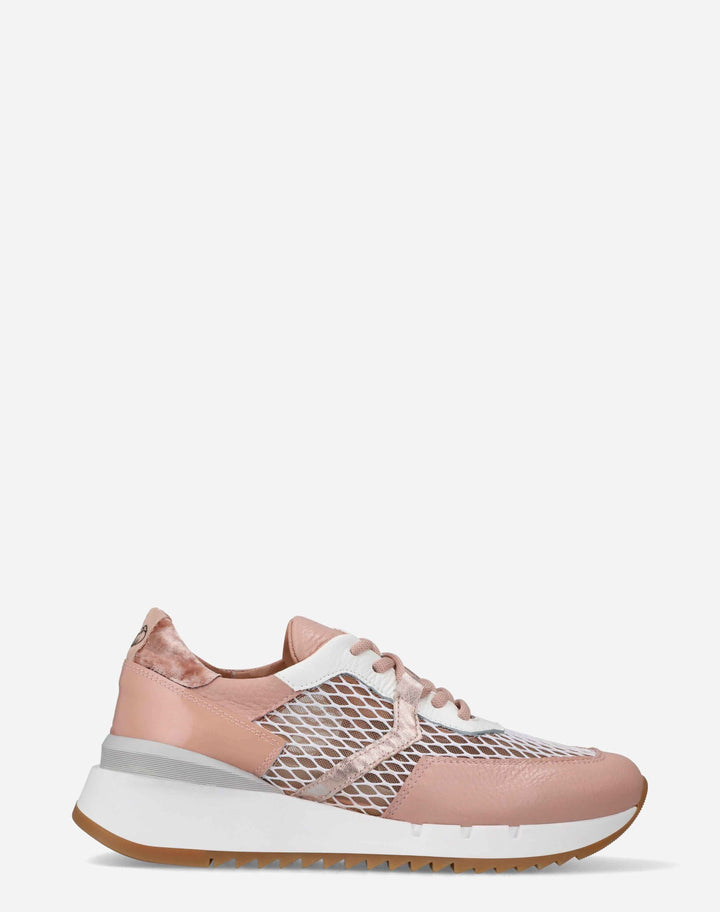Tenis en piel con rejilla color nude