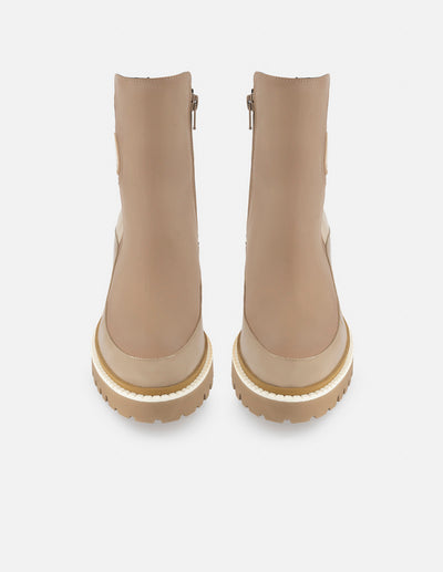 Botín de piel color beige para mujer con detalle Pd y lycra