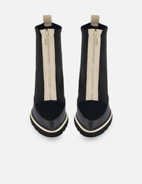 Botín de lycra color negro para mujer con cremallera y detalles de piel