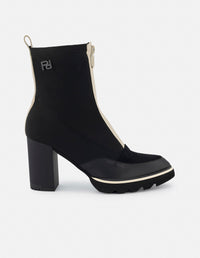 Botín de lycra color negro para mujer con cremallera y detalles de piel