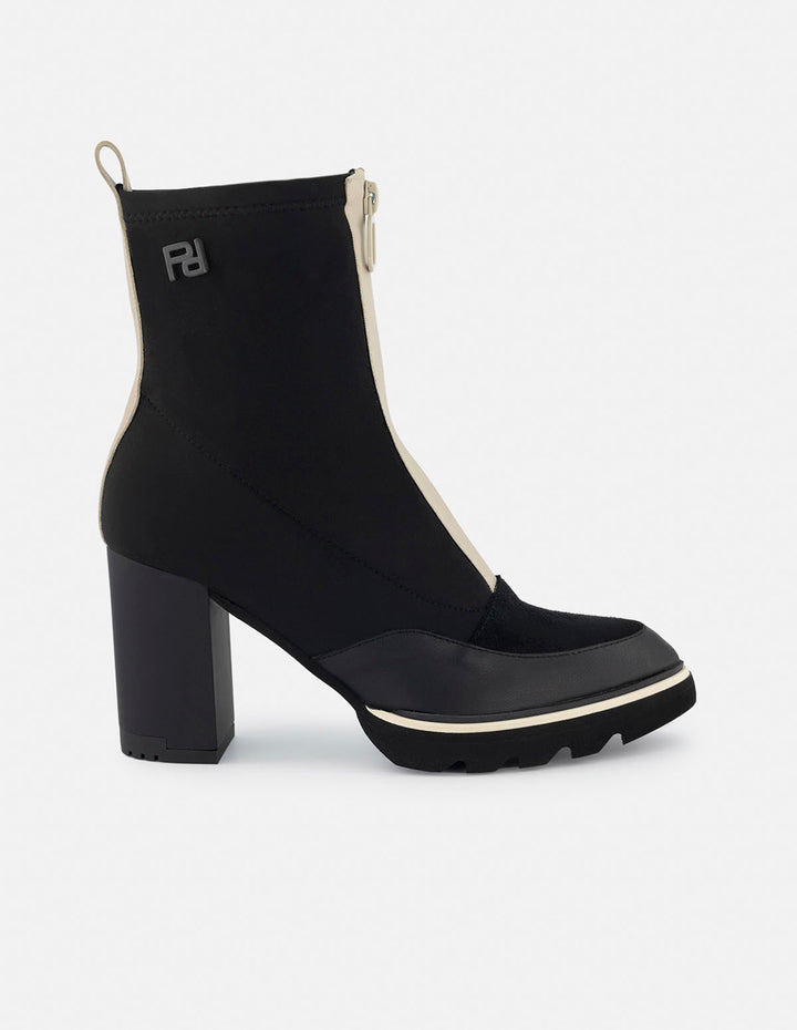 Botín de lycra color negro para mujer con cremallera y detalles de piel