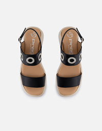 Sandalia de piel para mujer color negro con detalle metálicos