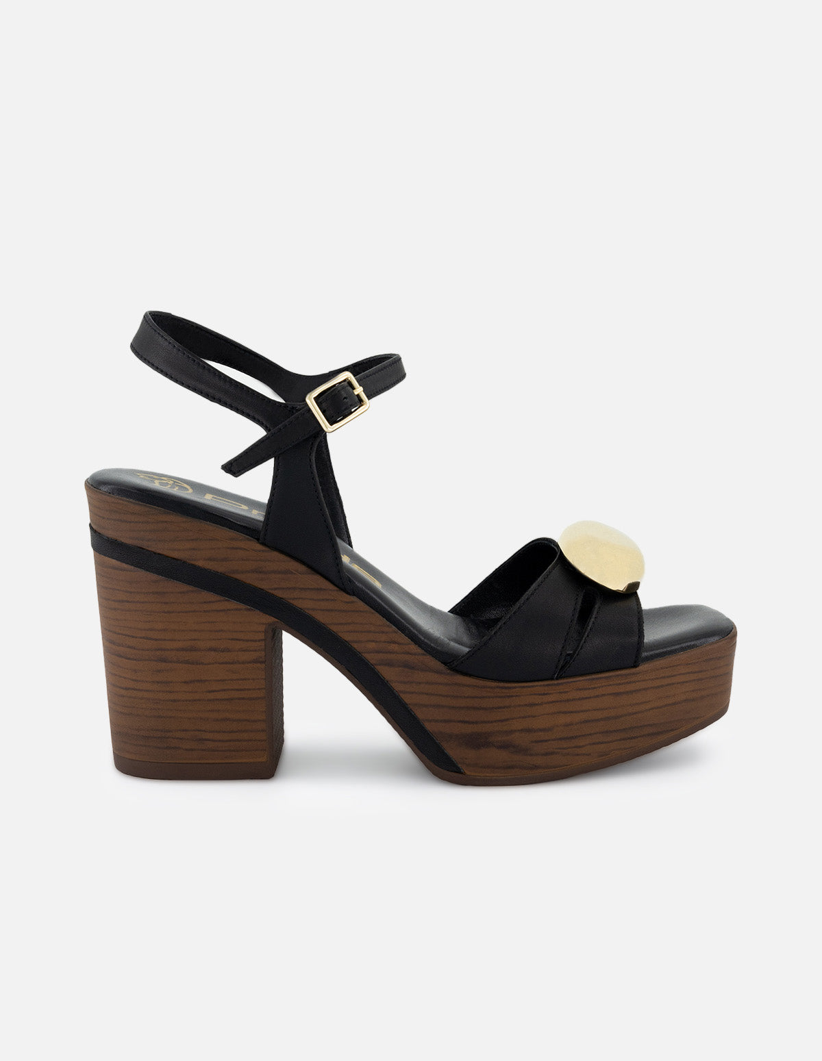 Sandalias de piel para mujer color negro con detalles color dorado