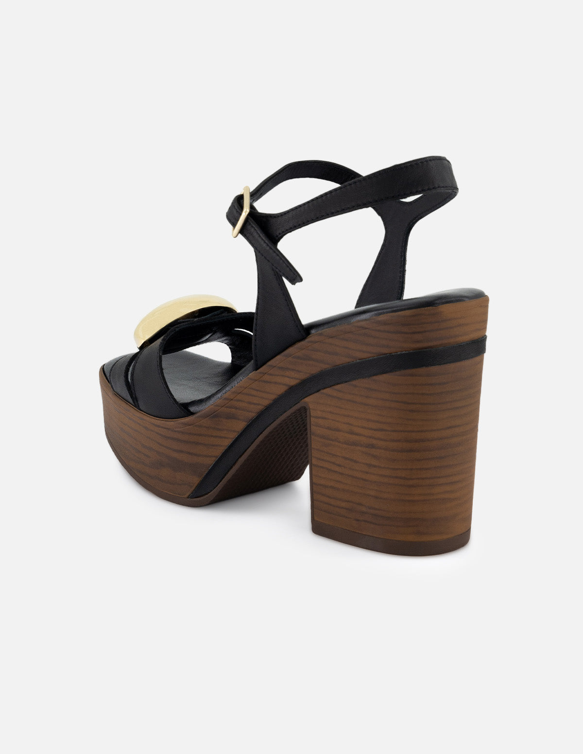 Sandalias de piel para mujer color negro con detalles color dorado