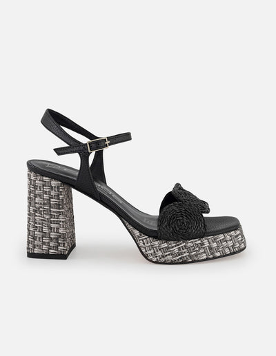 Sandalias negras en rafia para mujer con plataforma y grabado tipo canasta