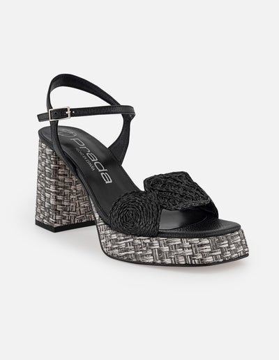 Sandalias negras en rafia para mujer con plataforma y grabado tipo canasta