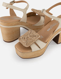 Sandalias beige en piel para mujer con adorno en yute