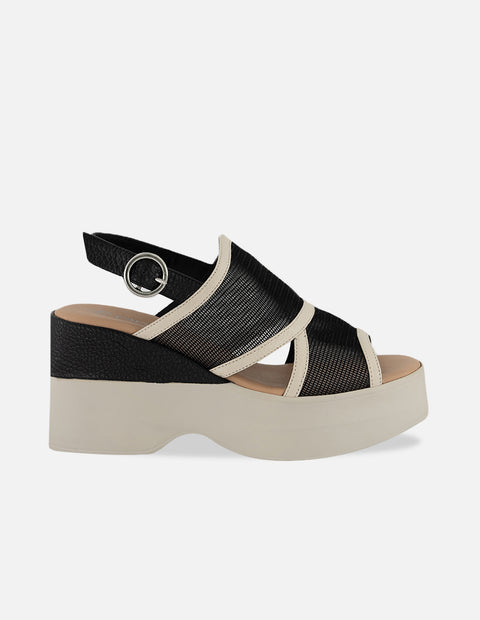 Sandalias negro reja para mujer con tiras anchas combinadas