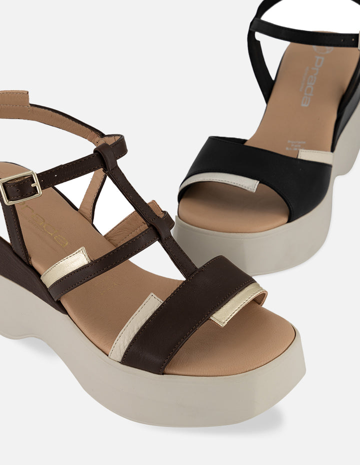 Sandalias café piel para mujer con tiras en contraste