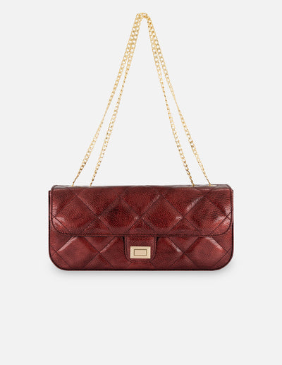 Satchel rojo charol para mujer con acabado capitonado