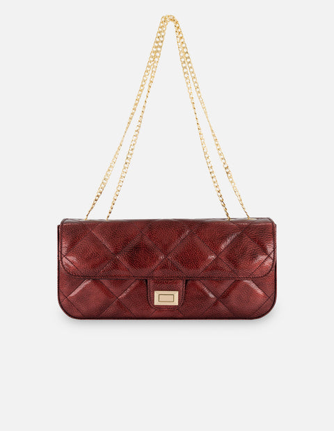 Satchel rojo charol para mujer con acabado capitonado