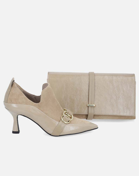 Bolso bandolera en piel charol y ante taupe para mujer
