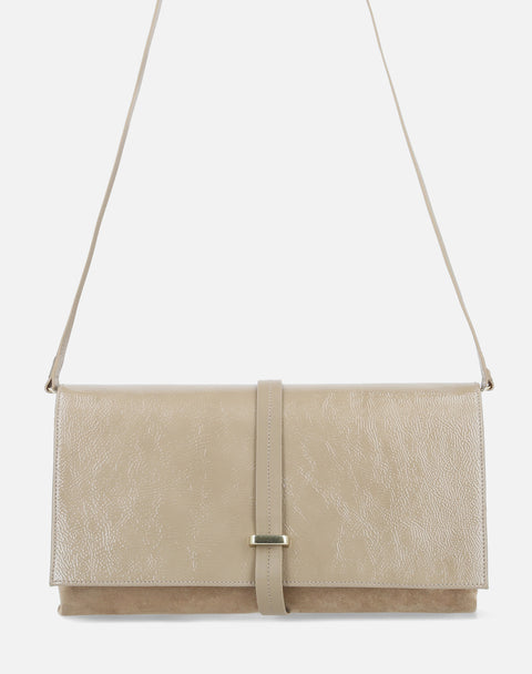 Bolso bandolera en piel charol y ante taupe para mujer