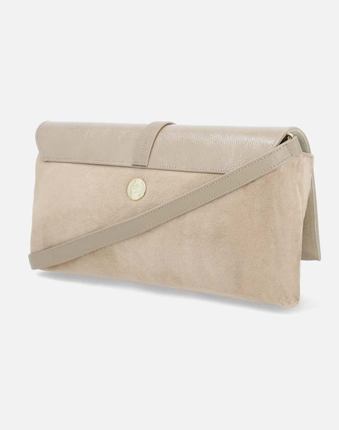 Bolso bandolera en piel charol y ante taupe para mujer