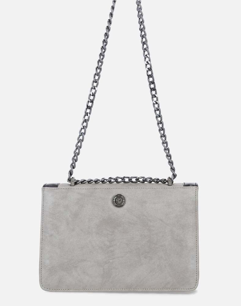 Bolso satchel en piel metalizada perla con cadena ajustable para mujer