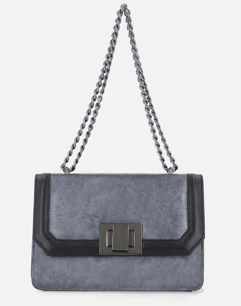 Bolso satchel en piel metalizada plomo con cadena ajustable para mujer