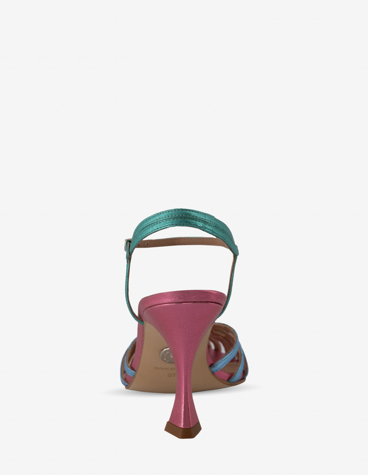 Sandalia de tacón alto en piel metalizada multicolor para mujer