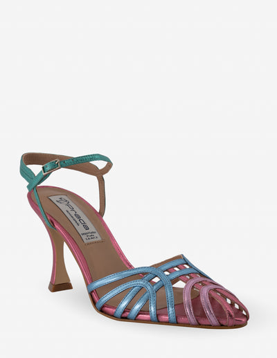 Sandalia de tacón alto en piel metalizada multicolor para mujer