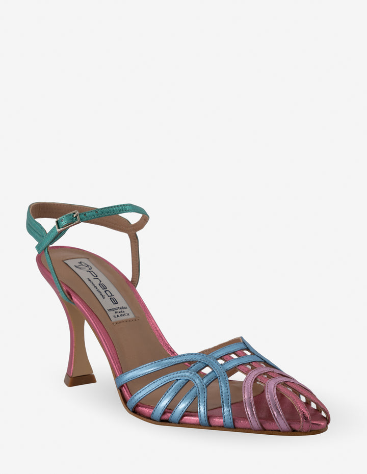 Sandalia de tacón alto en piel metalizada multicolor para mujer
