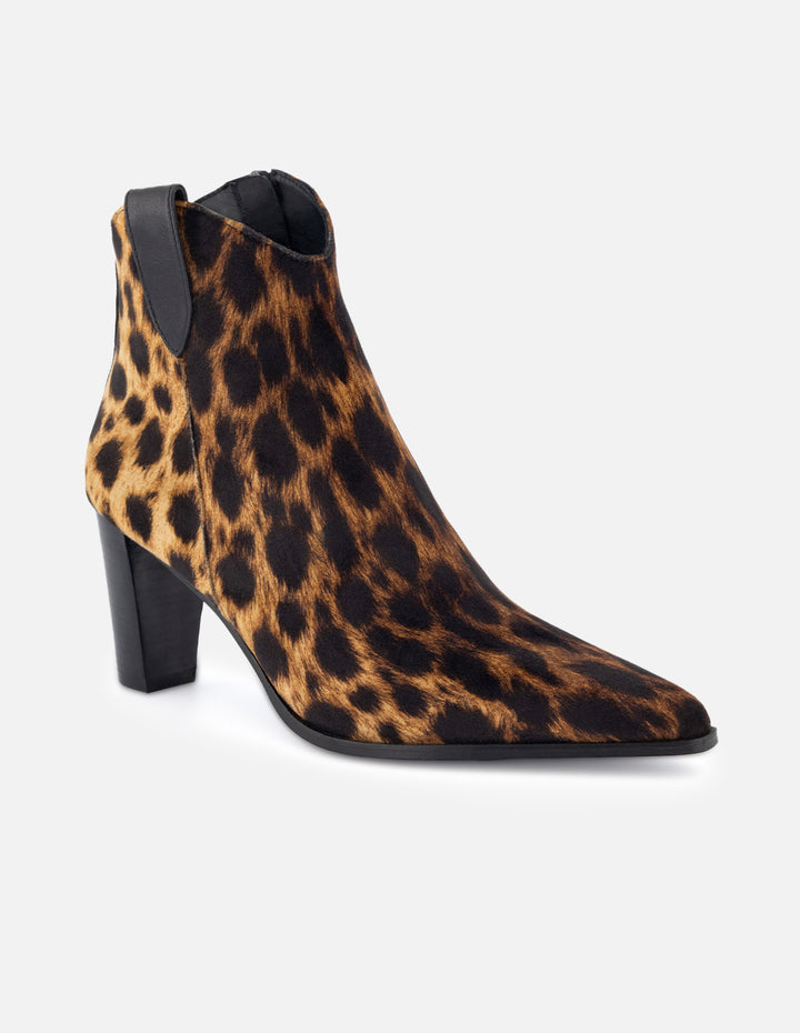 Botín de textil estampado animal print para mujer con detalles de piel