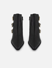 Botines negros piel para mujer con tres hebillas doradas