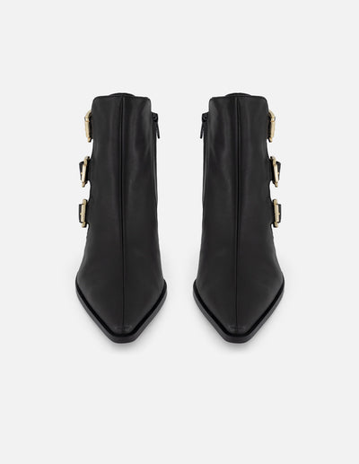 Botines negros piel para mujer con tres hebillas doradas