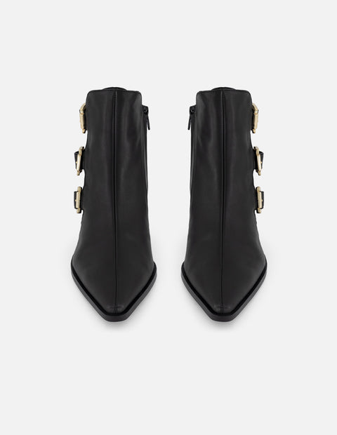 Botines negros piel para mujer con tres hebillas doradas