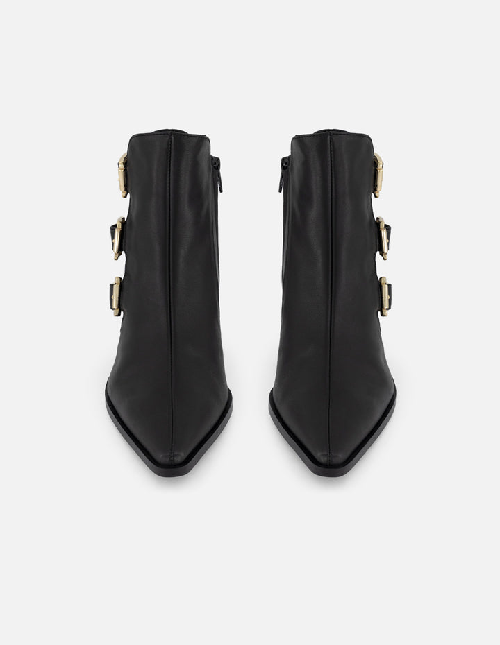 Botines negros piel para mujer con tres hebillas doradas