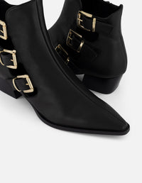 Botines negros piel para mujer con tres hebillas doradas