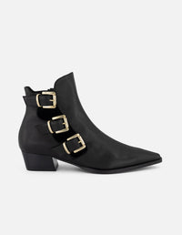 Botines negros piel para mujer con tres hebillas doradas