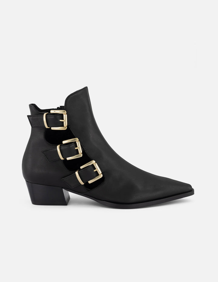 Botines negros piel para mujer con tres hebillas doradas