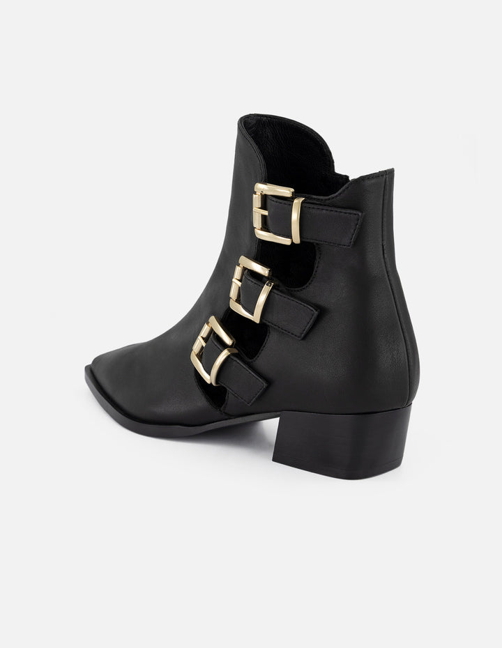 Botines negros piel para mujer con tres hebillas doradas