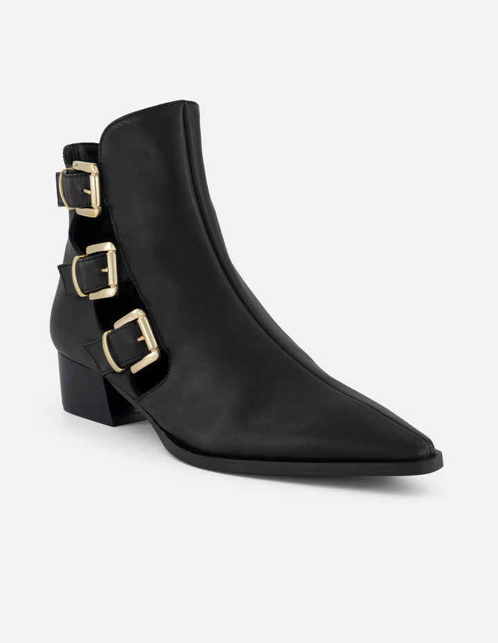 Botines negros piel para mujer con tres hebillas doradas