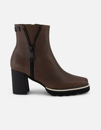 Botines café piel para mujer cierre decorativo