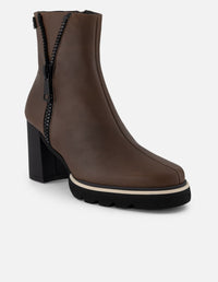 Botines café piel para mujer cierre decorativo