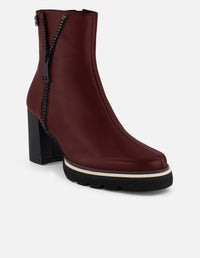 Botines vino piel para mujer cierre decorativo