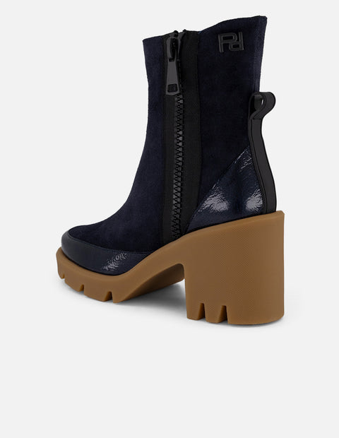 Botines azul ante y charol para mujer cierre decorativo