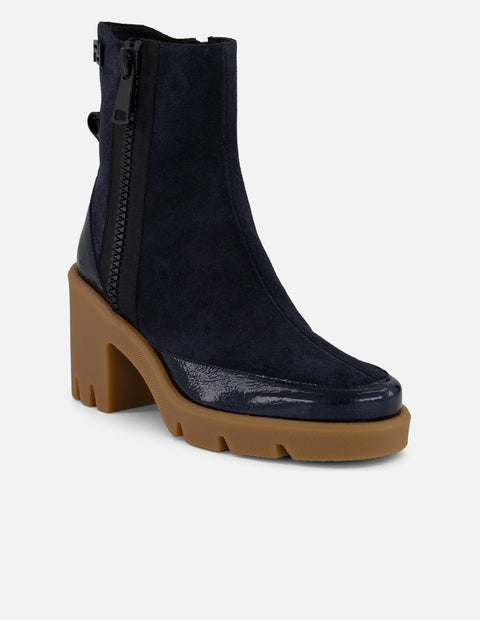 Botines azul ante y charol para mujer cierre decorativo